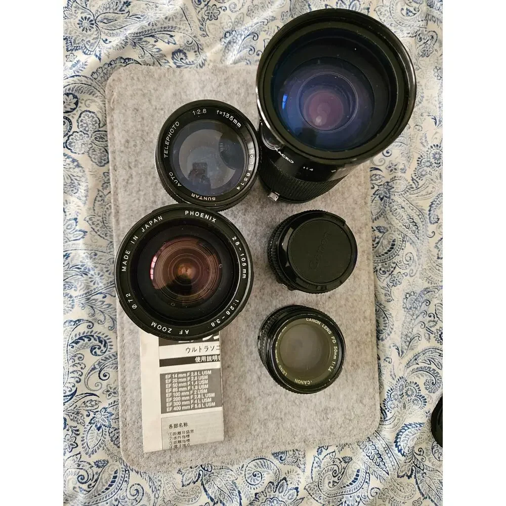 Vintage Camera Lens Lot of 5 Canon FD 50mm f/1.4, FD 50mm f/1.8, Suntar, Phoenix